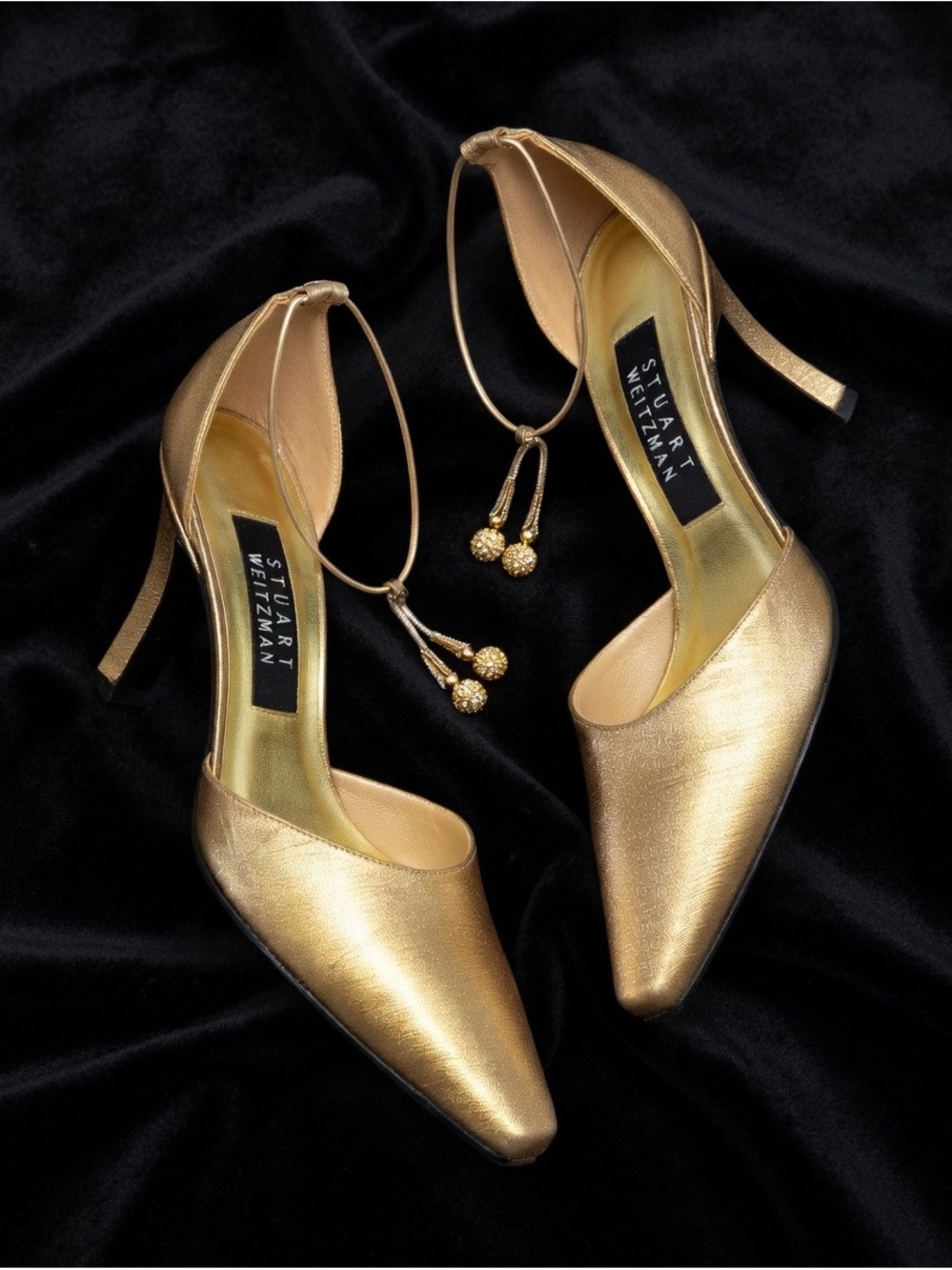 Stuart Weitzman Metallic Gold Fabric Ankle-Tie Heels 7B
